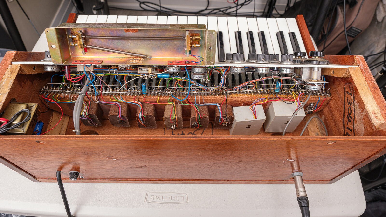 Inside view, modules and wiring from the top